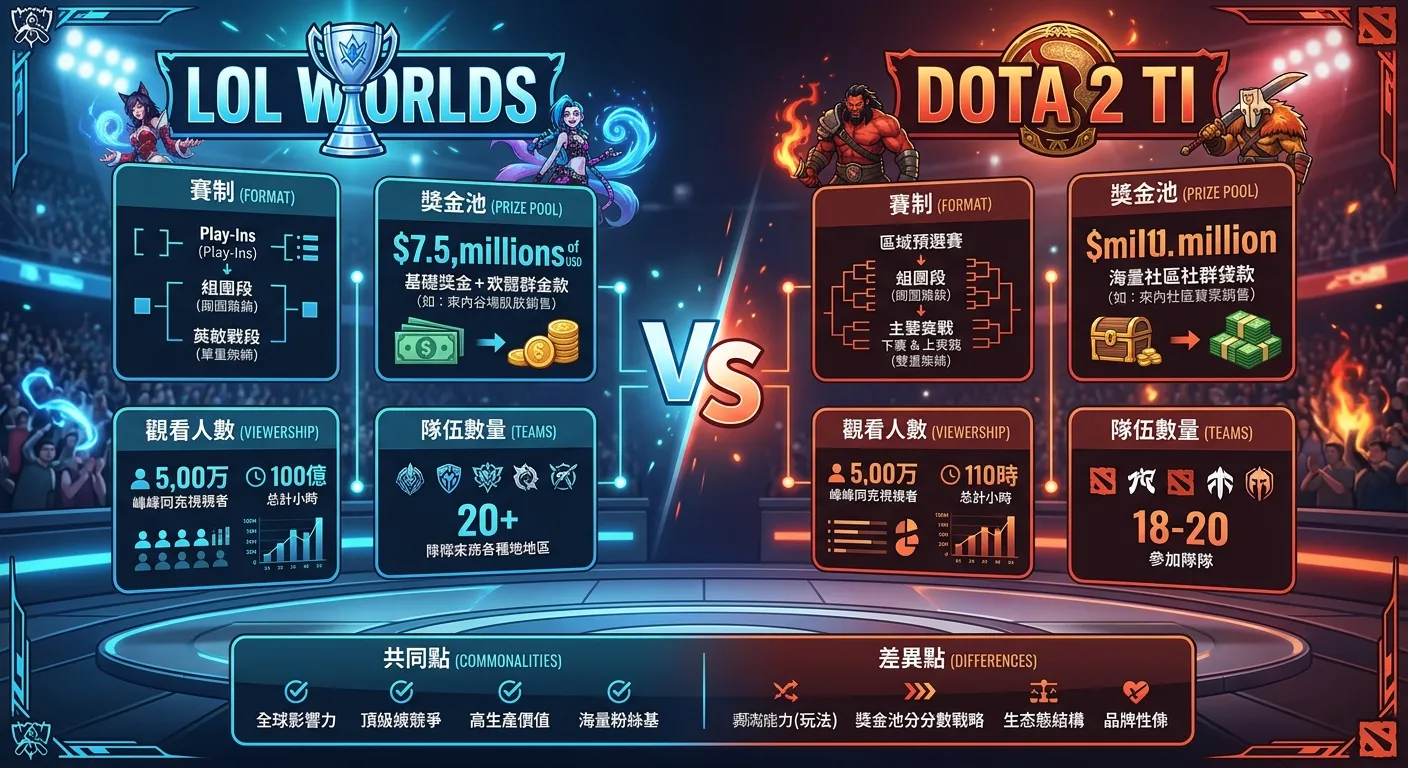 MOBA 類兩大電競賽事比較圖，左側為 LOL Worlds（藍色主題），右側為 Dota2 TI（紅色主題），中央以 VS 分隔。各自標示賽制、獎金、觀看人數等關鍵數據，以卡片式設計呈現，底部附共同點與差異點摘要