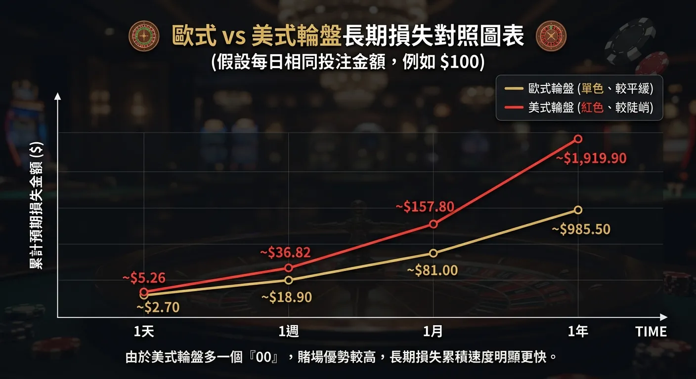 歐式 vs 美式輪盤長期損失對照圖表，橫軸為時間（1天、1週、1月、1年），縱軸為累計預期損失金額，兩條折線：歐式（金色、較平緩）和美式（紅色、較陡峭），差距隨時間逐漸拉大，標示具體金額，深色背景。