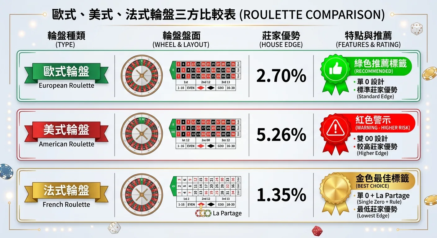 歐式、美式、法式輪盤三方比較表資訊圖，三列橫排：歐式（單 0，2.7%，綠色推薦標籤）、美式（雙 00，5.26%，紅色警示）、法式（單 0 + La Partage，1.35%，金色最佳標籤），每列附輪盤盤面簡圖和莊家優勢數字