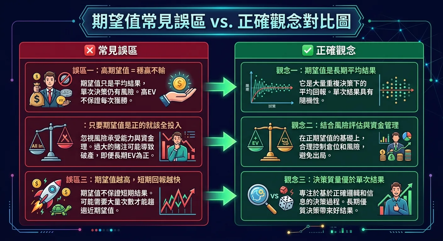 期望值常見誤區 vs 正確觀念對比圖，左側紅底三個誤區，右側綠底三個正確觀念，中間箭頭連接。配色深色底。