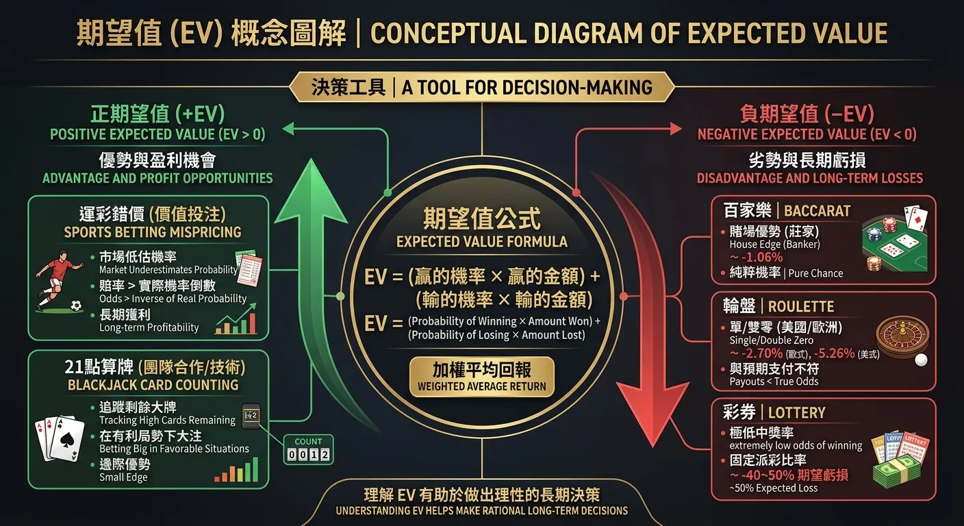期望值概念圖解，中央為 EV 公式，左側展示正期望值範例（綠色上升箭頭，「運彩錯價」「21點算牌」），右側展示負期望值範例（紅色下降箭頭，「百家樂 -1.06%」「輪盤 -2.70%」「彩券 -40~50%」）。配色深色底金色標題。