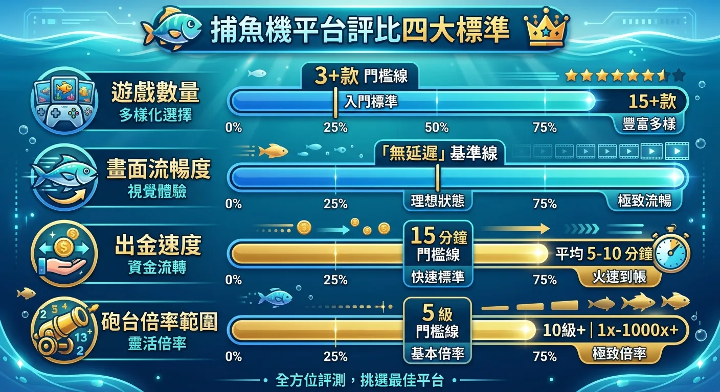 捕魚機平台評比四大標準圖表，四個水平進度條分別代表：遊戲數量（標示 3+款門檻線）、畫面流暢度（標示「無延遲」基準線）、出金速度（標示 15 分鐘門檻線）、砲台倍率範圍（標示 5 級門檻線），每個進度條旁附上圖示，配色使用海洋藍與金色