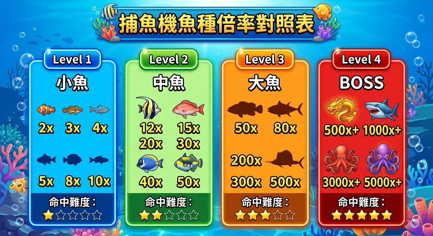 捕魚機魚種倍率對照表資訊圖，四層由左至右排列：小魚（藍色區塊，2-10x）→中魚（綠色區塊，10-50x）→大魚（橙色區塊，50-500x）→BOSS（紅色區塊，500x+），每個區塊包含魚的輪廓圖示和倍率數字，下方標註命中難度星級