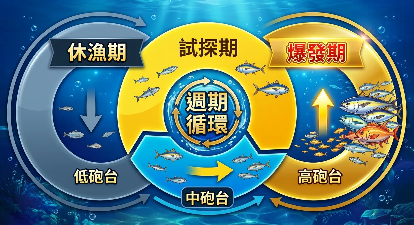 捕魚機魚群週期三階段循環圖，圓形佈局由三個弧形段組成：灰藍色「休漁期」（少魚圖示+向下箭頭，標註「低砲台」）→黃色「試探期」（中魚圖示+水平箭頭，標註「中砲台」）→金色「爆發期」（大量魚群+向上箭頭，標註「高砲台」），三段首尾相接形成循環，中央標示「週期循環」