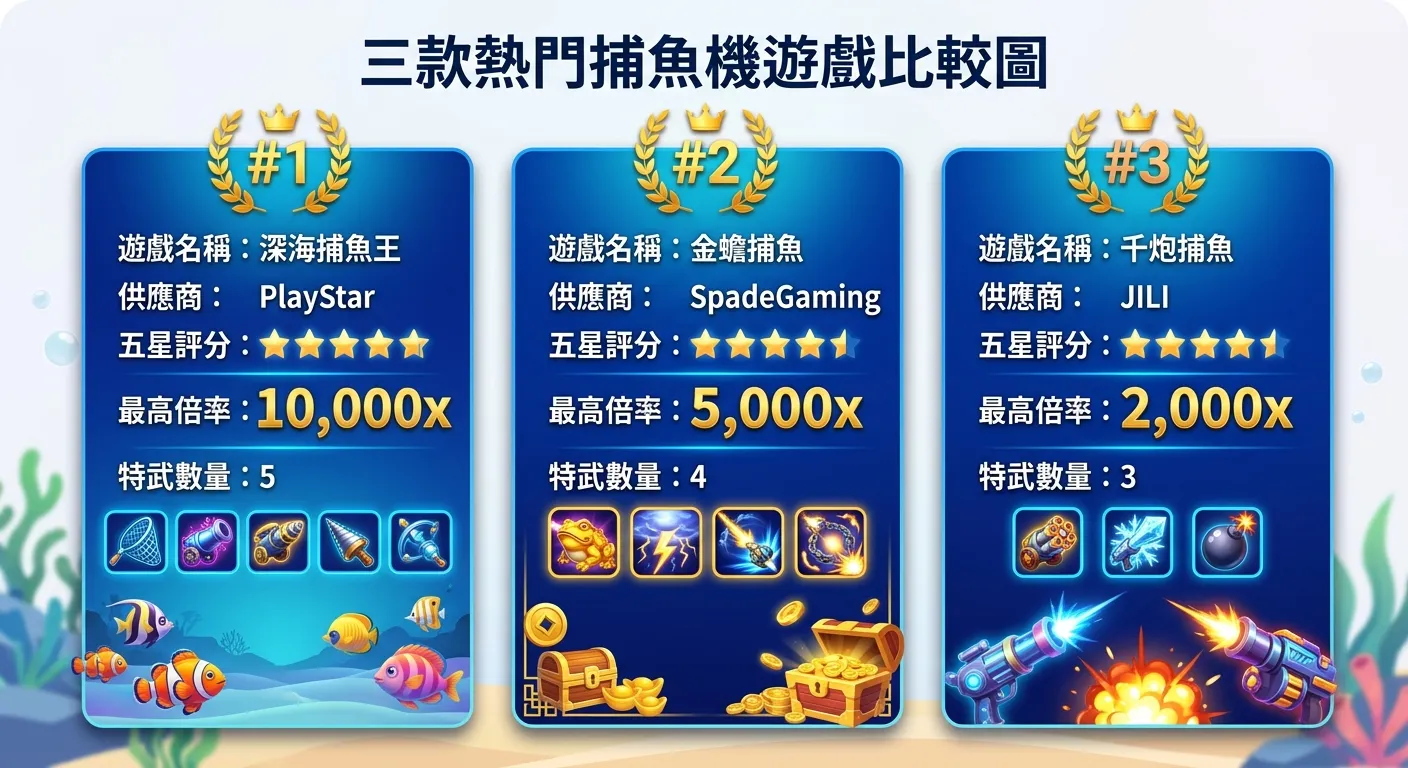 三款熱門捕魚機遊戲比較圖，三個遊戲並排呈現，每個用卡片形式展示：遊戲名稱、供應商、五星評分、最高倍率數字、特武數量圖示，卡片底色漸層由深藍到淺藍，三個卡片上方用金色桂冠標示推薦等級