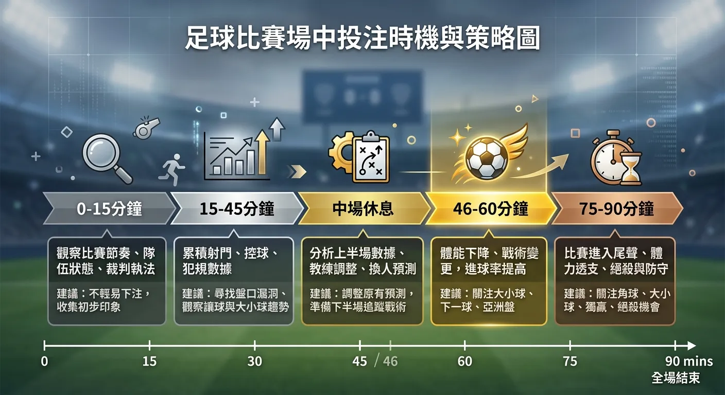足球比賽場中投注時機圖，以90分鐘時間軸呈現，分為五個時段：0-15分鐘（觀察期-灰色）、15-45分鐘（數據累積期-銀色）、中場休息（策略調整期-金色高亮）、46-60分鐘（黃金進球期-金色高亮）、75-90分鐘（收尾期-銅色），每個時段標註投注策略建議
