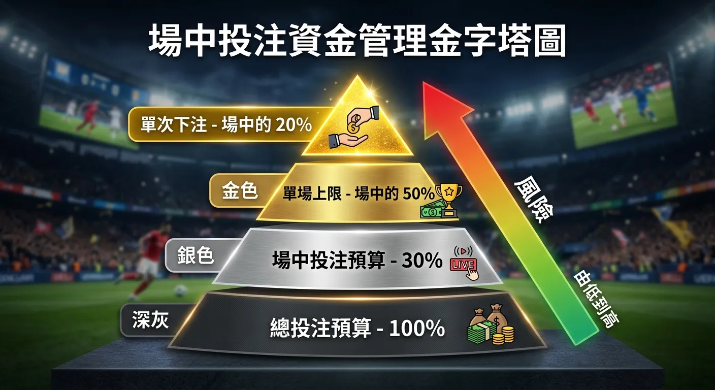 場中投注資金管理金字塔圖，由下至上四層：底層「總投注預算-100%」（深灰），第二層「場中投注預算-30%」（銀色），第三層「單場上限-場中的50%」（金色），頂層「單次下注-場中的20%」（亮金色），每層旁邊附上箭頭標示風險由低到高