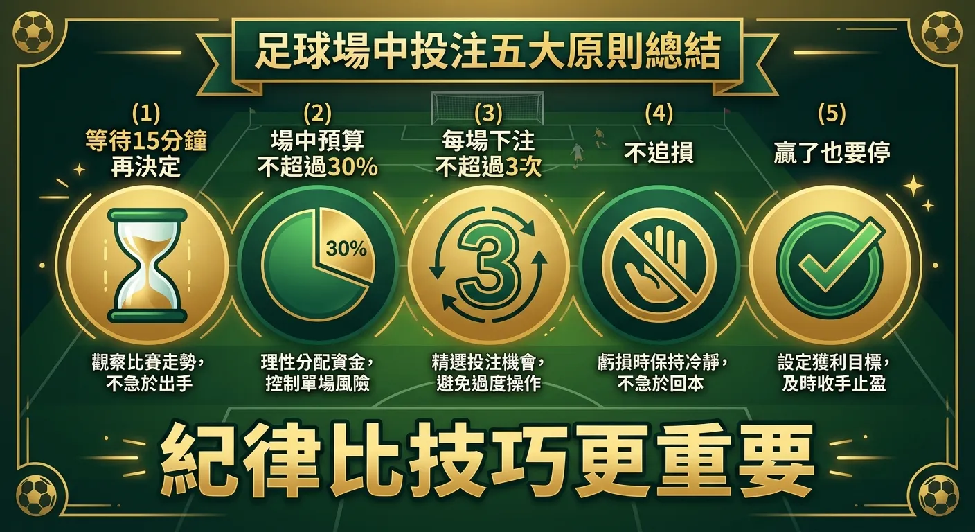 足球場中投注五大原則總結圖，五個圓形圖示橫向排列：(1) 等待15分鐘再決定-沙漏圖示 (2) 場中預算不超過30%-餅圖圖示 (3) 每場下注不超過3次-數字3圖示 (4) 不追損-停止符號圖示 (5) 贏了也要停-勾選圖示，底部大字「紀律比技巧更重要」，金色與深綠配色