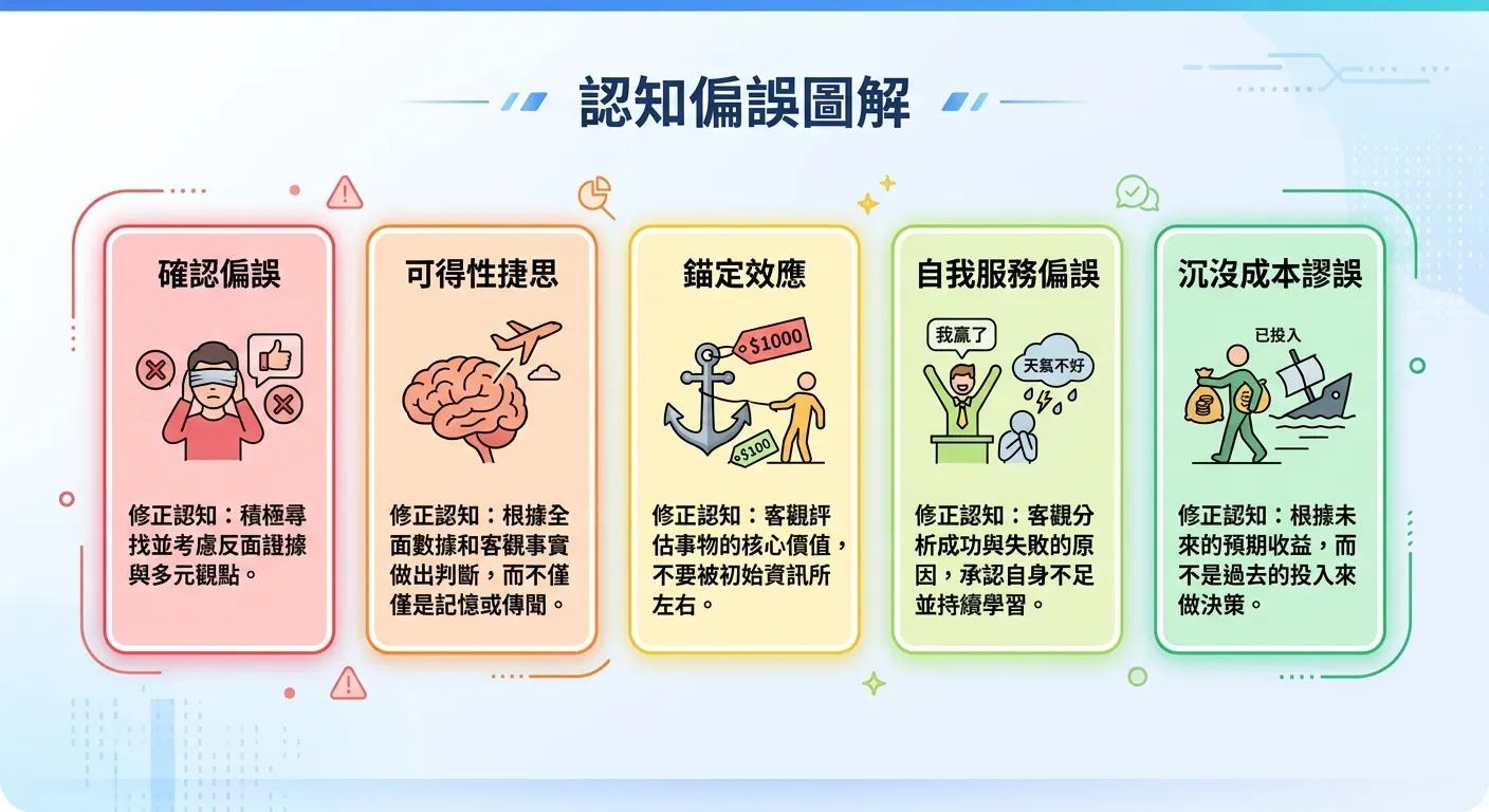 五種認知偏誤卡片式圖解，每張卡片上��部為偏���名稱和圖示，下半部為一句話修正認知，五張卡片橫向排列，配色漸層從紅色（危險）到綠色（正確認知）