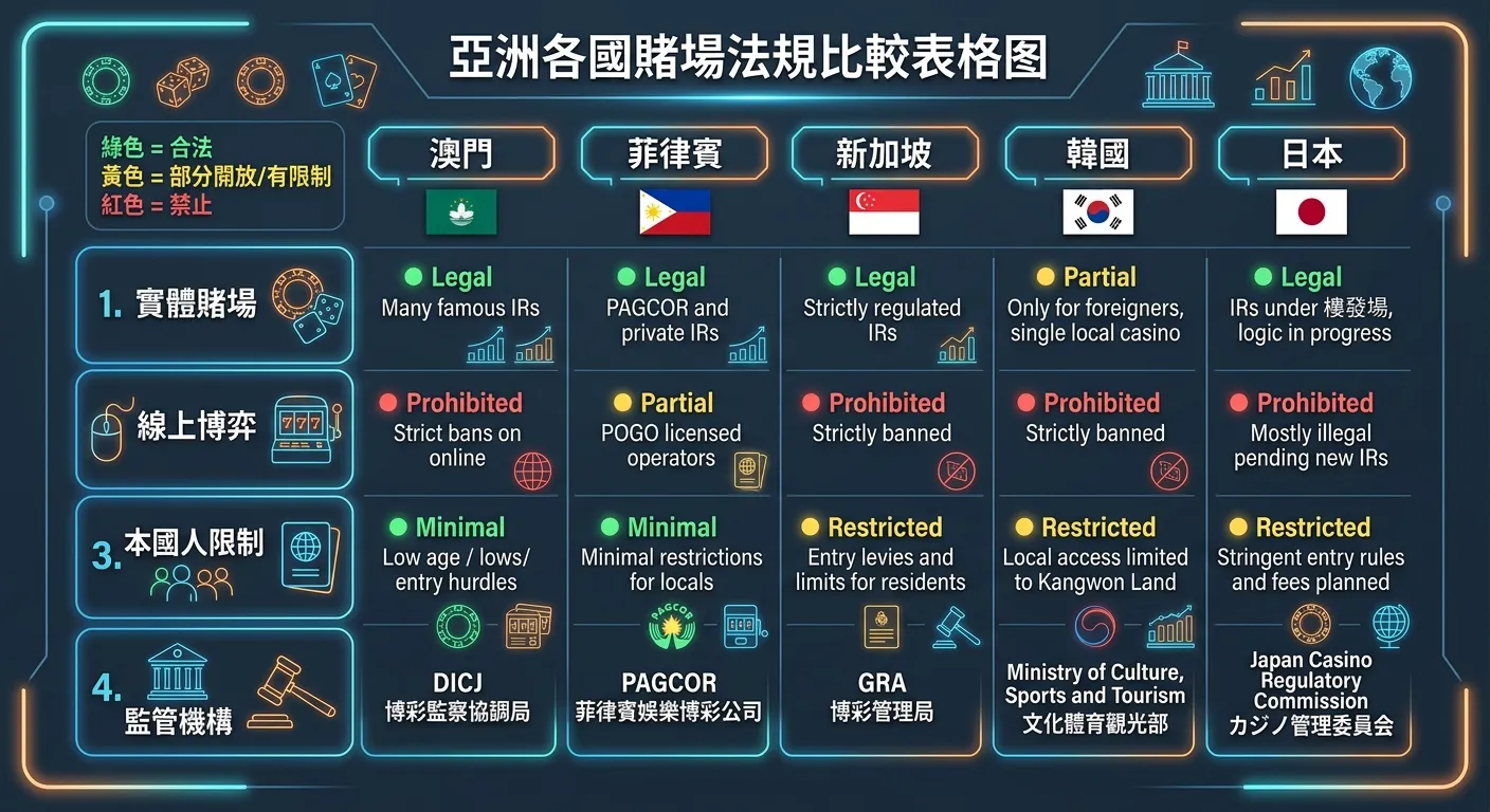 亞洲各國賭場法規比較表格圖，五個國家/地區（澳門、菲律賓、新加坡、韓國、日本）橫向排列，比較項目縱向列出：實體賭場、線上博弈、本國人限制、監管機構。用顏色編碼（綠=合法、黃=部分、紅=禁止）。配色深藍灰底。