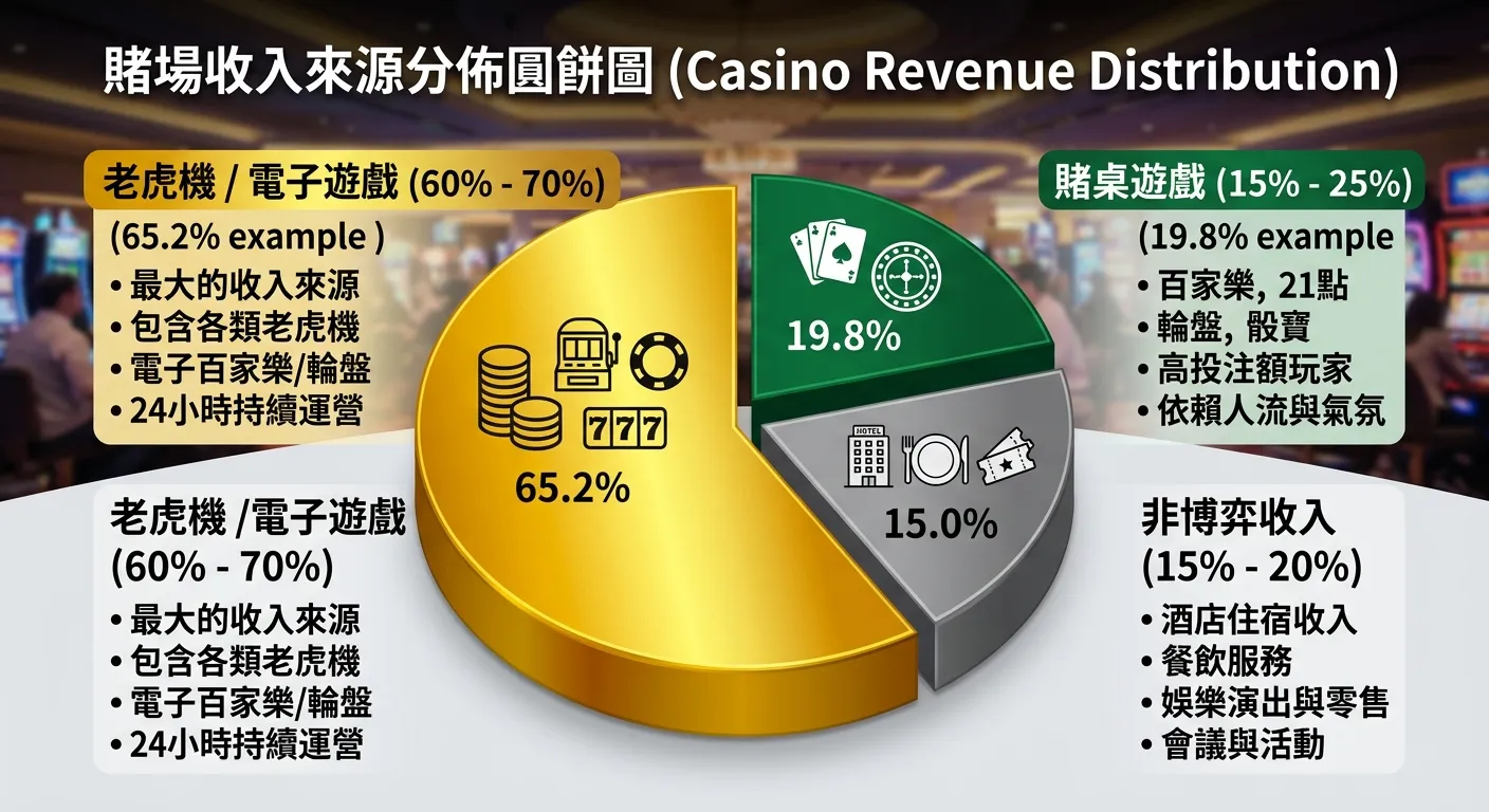 賭場收入來源分佈圓餅圖，分為三大區塊：老虎機/電子遊戲 60-70%（最大塊，金色）、賭桌遊戲 15-25%（綠色）、非博弈收入 15-20%（灰色），每個區塊附說明文字