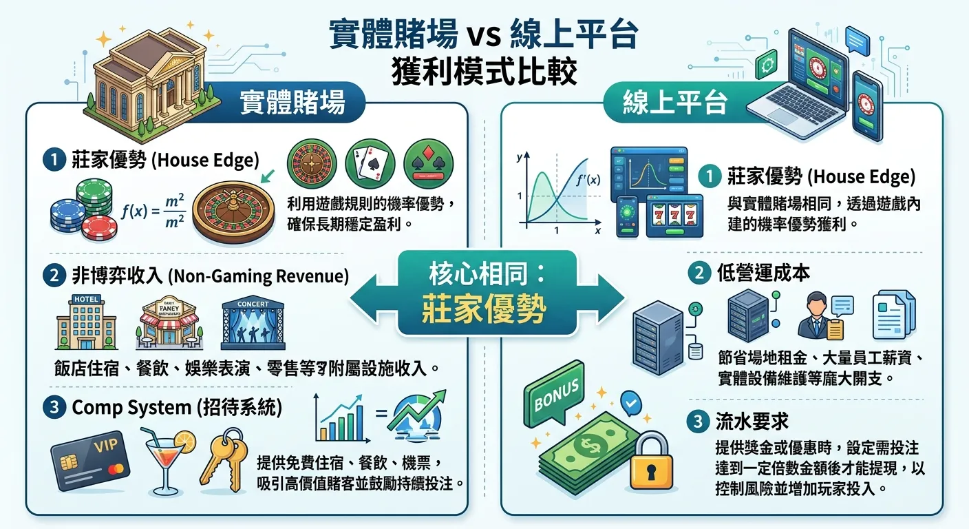 實體賭場 vs 線上平台獲利模式比較圖，左側「實體賭場」列出莊家優勢、非博弈收入、Comp 系統，右側「線上平台」列出莊家優勢、低營運成本、流水要求，中間標示「核心相同：莊家優勢」
