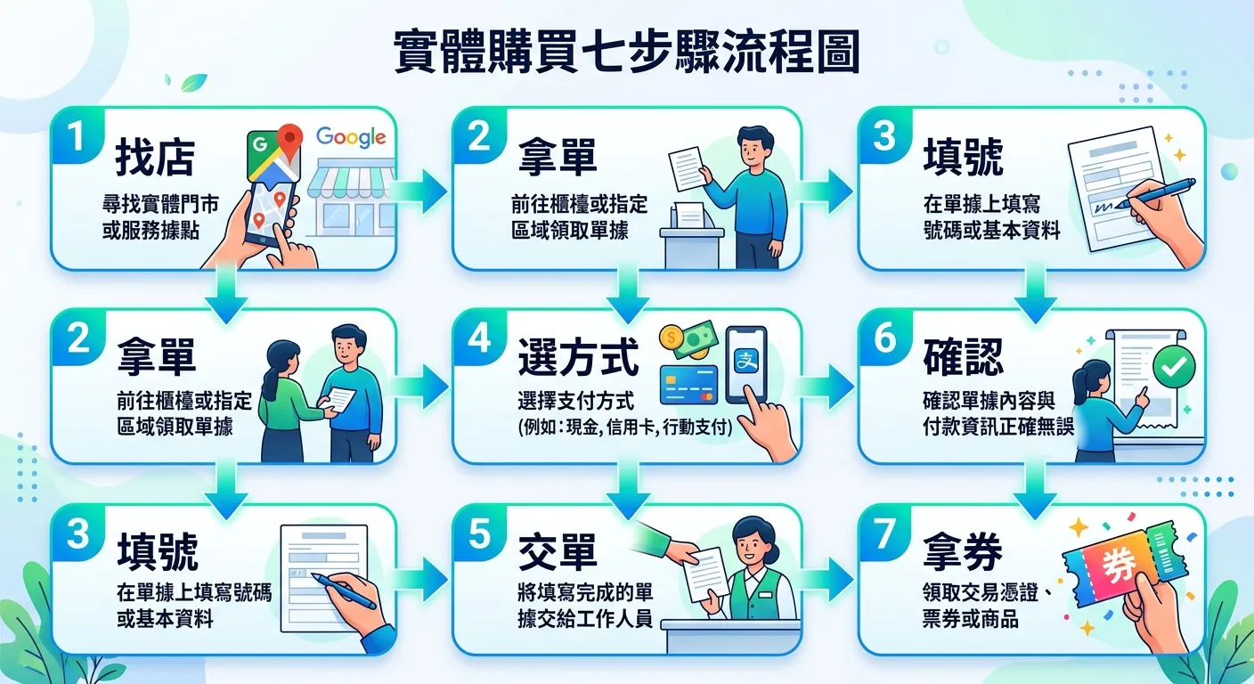 實體購買七步驟流程圖，由上至下七個步驟，每個步驟以圓角方框呈現，包含步驟編號、動作描述和小圖示（找店→拿單→填號→選方式→交單→確認→拿券），步驟之間以箭頭連接