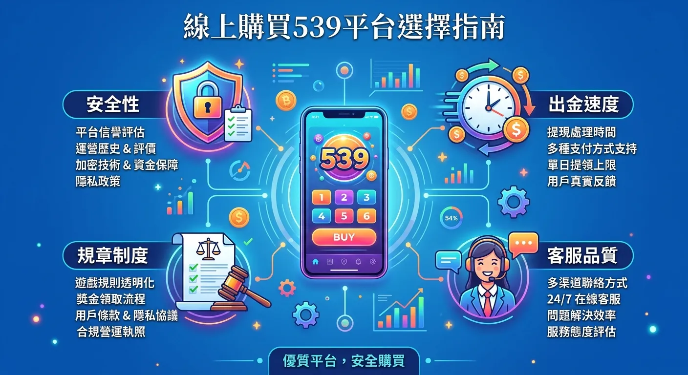 線上購買539平台選擇指南，以四個核心評估指標呈現：安全性（盾牌圖示）、出金速度（時鐘圖示）、客服品質（耳機圖示）、規章制度（文件圖示），四個指標環繞一個手機購買的中心圖示