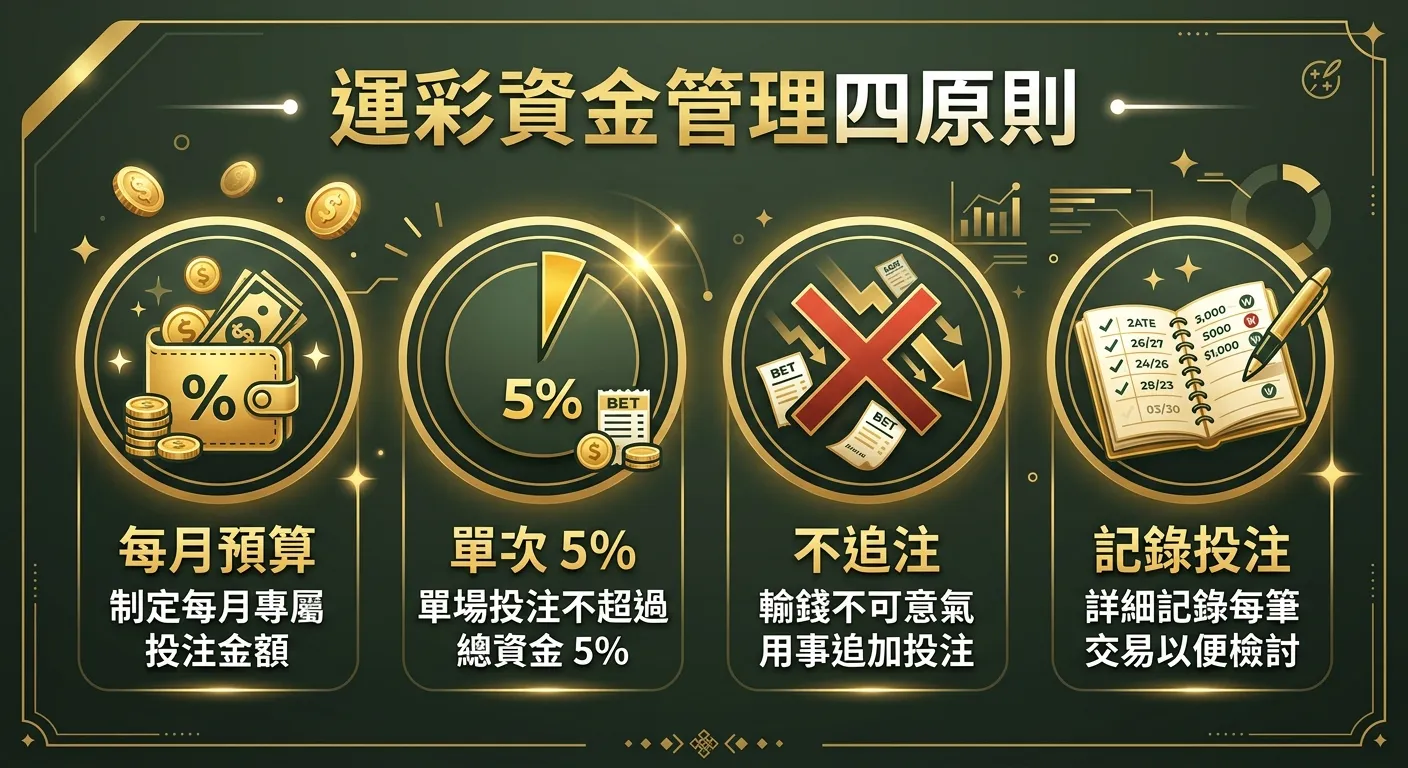 運彩資金管理四原則資訊圖，四個圓形圖示排成一列：1.每月預算（錢包圖示）2.單次 5%（圓餅圖示）3.不追注（X 符號）4.記錄投注（筆記本圖示），每個圖示下方附一行說明文字，配色使用金色與深墨綠