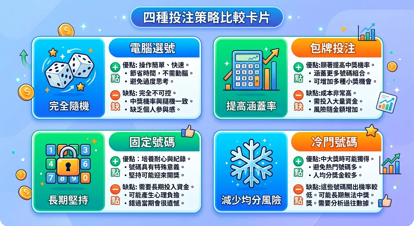 四種投注策略比較卡片，上下兩排各兩張卡片：「電腦選號」（骰子圖示，標註完全隨機）、「包牌投注」（計算機圖示，標註提高涵蓋率）、「固定號碼」（鎖頭圖示，標註長期堅持）、「冷門號碼」（雪花圖示，標註減少均分風險），每張卡片附優缺點簡述