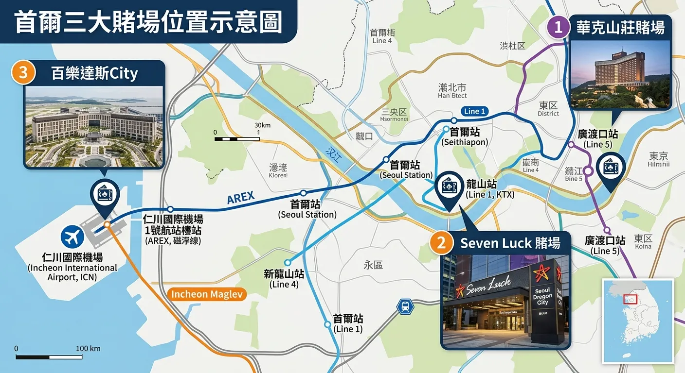 首爾三大賭場位置示意圖，標示華克山莊、Paradise City、Seven Luck 的相對位置，含地鐵線路與機場標示