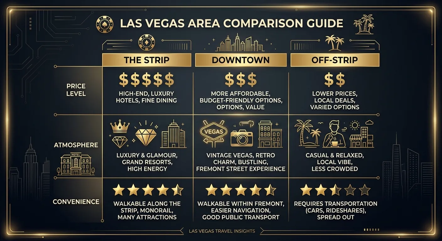 The Strip vs Downtown vs Off-Strip 比較表，列出最低賭注、氛圍、便利性三個維度