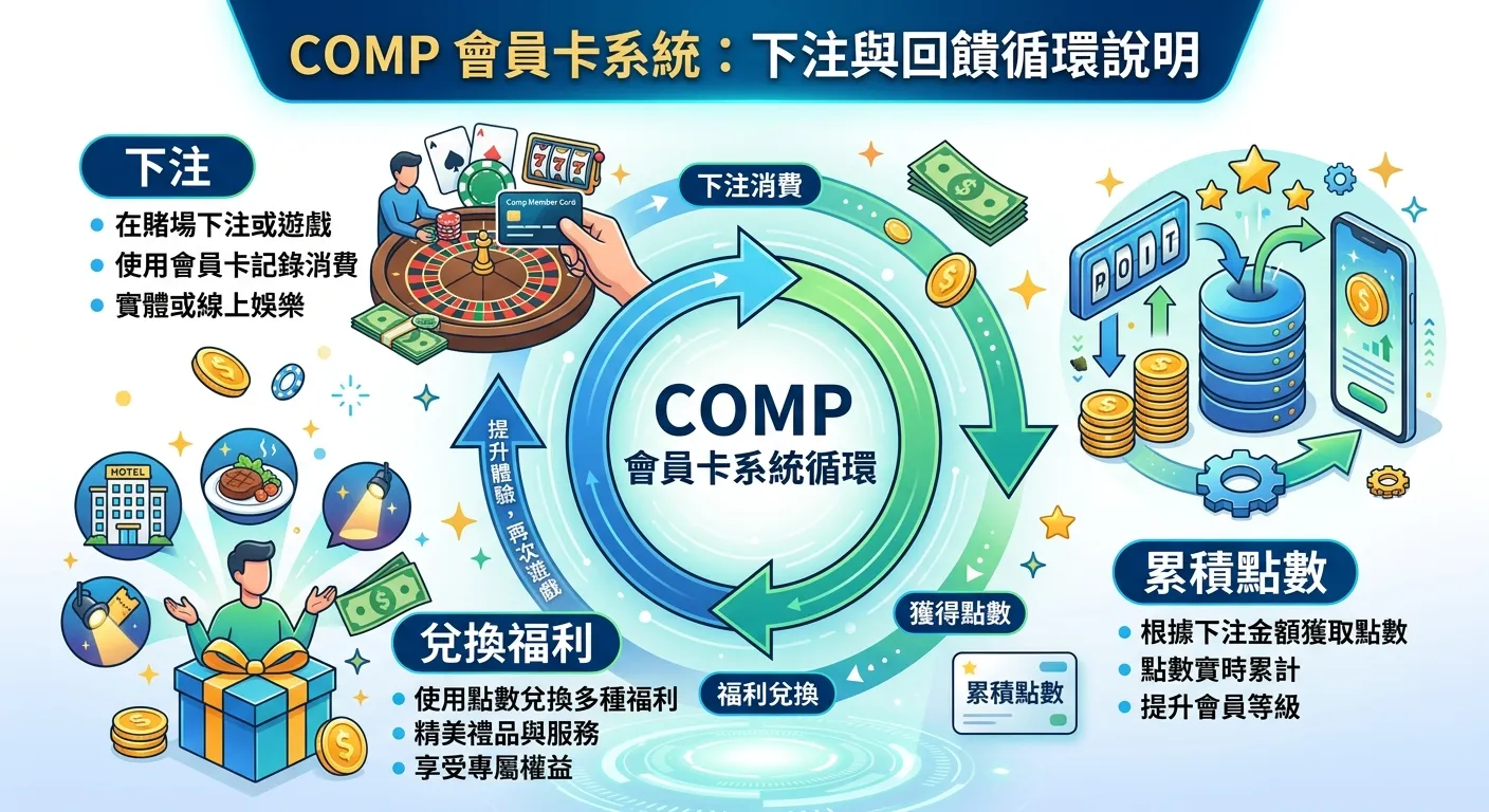 Comp 會員卡系統說明圖，展示下注 → 累積點數 → 兌換福利的循環