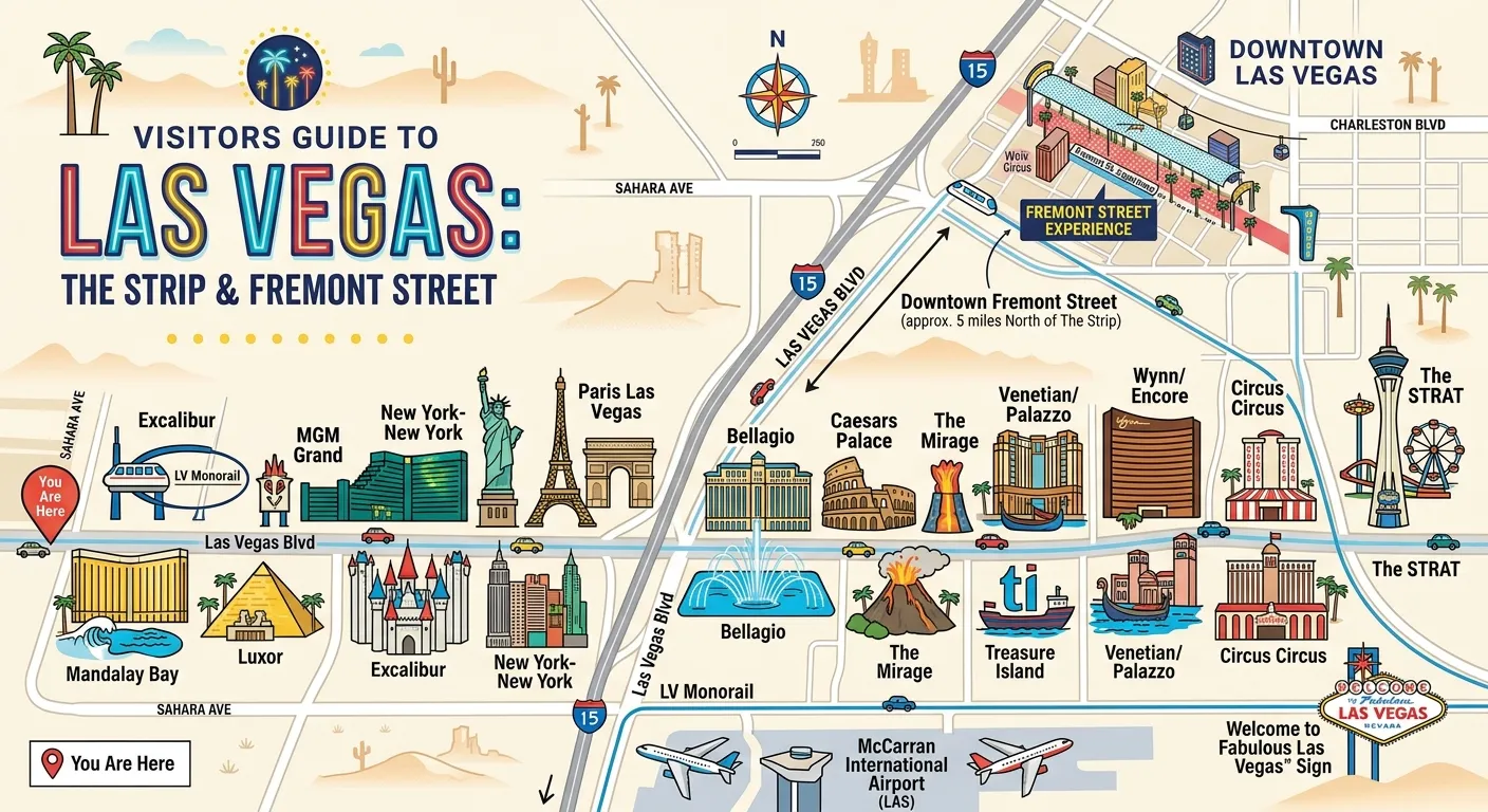 拉斯維加斯必訪景點地圖示意，標示 The Strip 上的主要景點和 Downtown Fremont Street 的位置關係