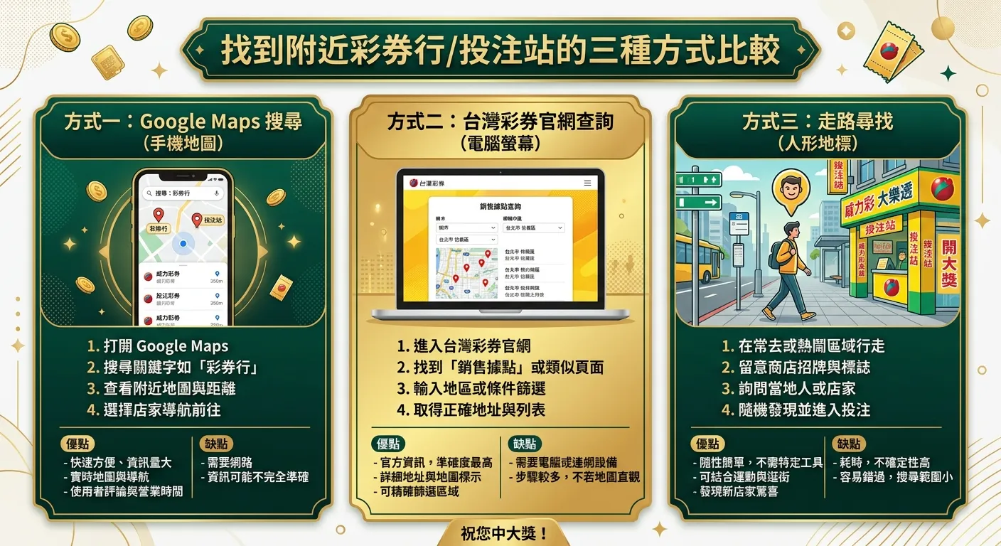 找到附近投注站的三種方式比較圖，三欄分別展示：Google Maps 搜尋（手機地圖畫面示意）、台灣彩券官網查詢（電腦螢幕示意）、走路尋找（人形圖示加地標），每欄下方列出步驟和優缺點，配色使用金色與深綠色系