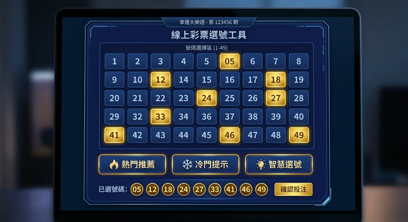 線上選號工具介面示意圖，畫面展示一個彩票選號介面，上半部是 1-49 的號碼方格（部分號碼已點選為金色），下半部有「熱門推薦」「冷門提示」「智慧選號」三個功能按鈕。配色使用深藍介面搭配金色選中效果