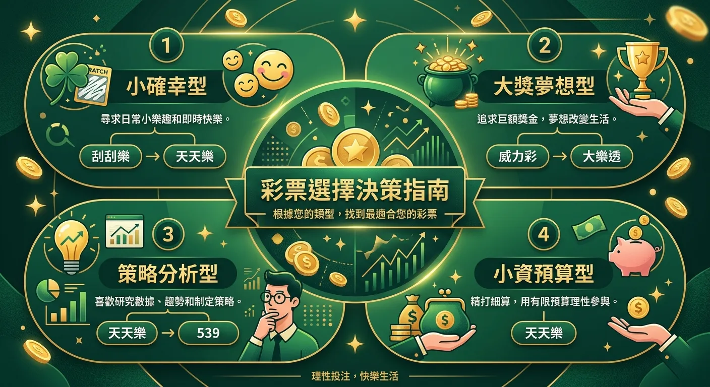 彩票選擇決策指南圖，以四個玩家類型分類呈現：「小確幸型」→ 刮刮樂/天天樂、「大獎夢想型」→ 威力彩/大樂透、「策略分析型」→ 天天樂/539、「小資預算型」→ 天天樂，每個類型用不同圖示標記，配色使用金色與深綠色系