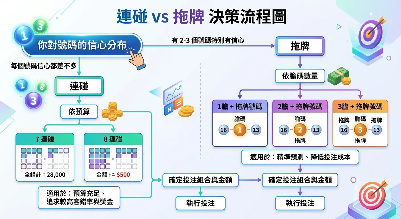 連碰 vs 拖牌決策流程圖，起點為「你對號碼的信心分布」，分成兩條路徑：路徑一「每個號碼信心都差不多」→ 連碰（再依預算分為 7 連碰或 8 連碰）；路徑二「有 2-3 個號碼特別有信心」→ 拖牌（再依膽碼數量分為不同方案）。