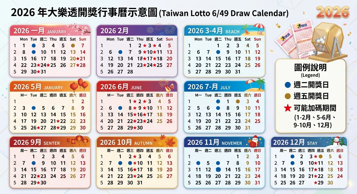 2026 年大樂透開獎行事曆示意圖，以 12 個月份方格呈現，每個月份內以藍色圓點標示週二開獎日、金色圓點標示週五開獎日，紅色星號標示可能的加碼期間（1-2月、5-6月、9-10月、12月），右側附有圖例說明