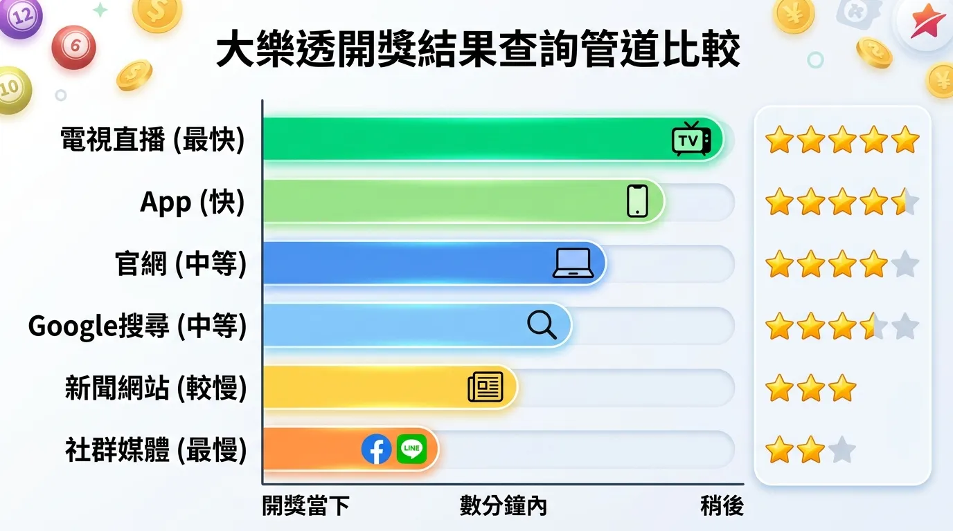 大樂透開獎結果查詢管道比較圖，以橫向長條圖呈現各管道的更新速度：電視直播（最快，綠色）、App（快，淺綠）、官網（中等，藍色）、Google（中等，淺藍）、新聞網站（較慢，黃色）、社群媒體（最慢，橘色），右側附有推薦度星級評分