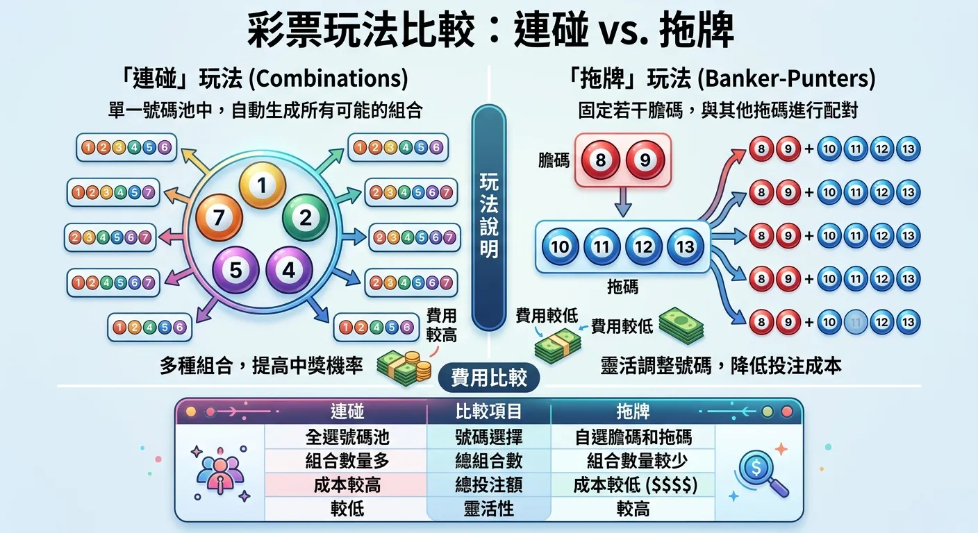 連碰與拖牌玩法比較圖，分為左右兩欄：左欄「連碰」展示 7 個號碼球排列成圓環，箭頭指向 7 種不同的 6 碼組合；右欄「拖牌」展示 2 個紅色膽碼球固定在上方，4 個藍色拖碼球在下方進行組合。底部為費用比較表格。