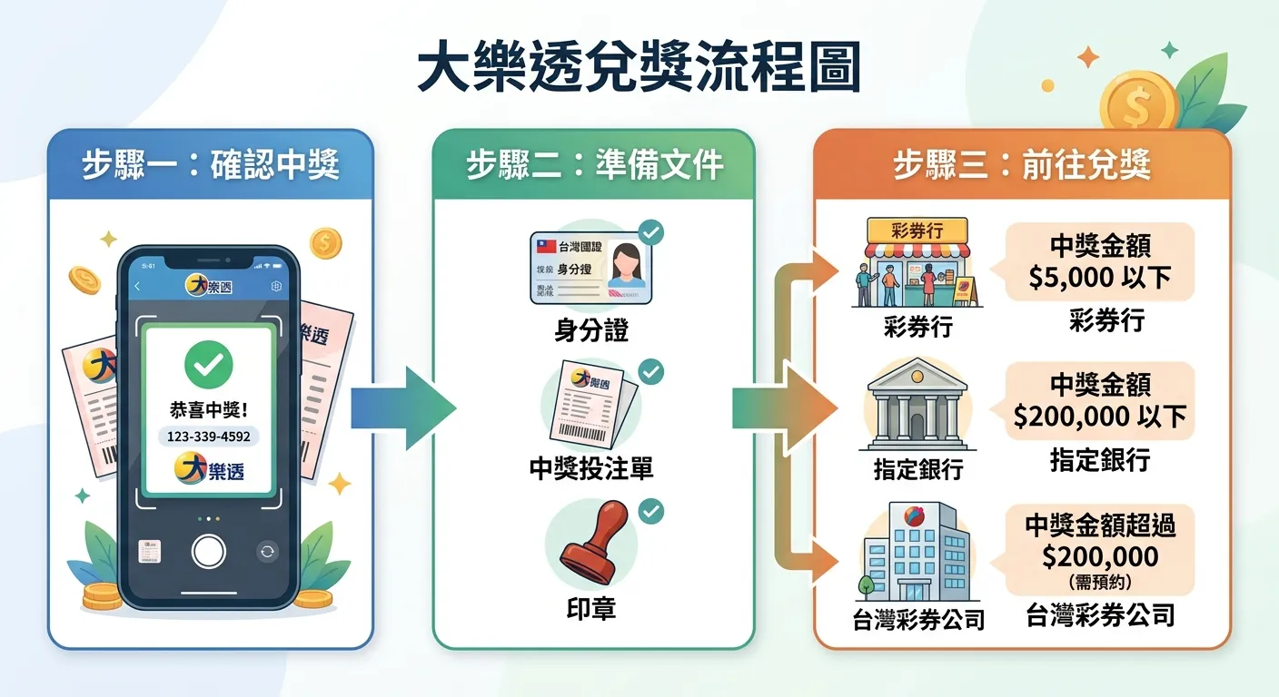 大樂透兌獎流程圖，由左至右三個步驟：步驟一「確認中獎」（手機 APP 掃描畫面）→ 步驟二「準備文件」（身分證、投注單、印章圖示）→ 步驟三「前往兌獎」（依金額分三個路徑：5000 以下去彩券行、20 萬以下去銀行、20 萬以上去台灣彩券公司），每步驟用箭頭連接。