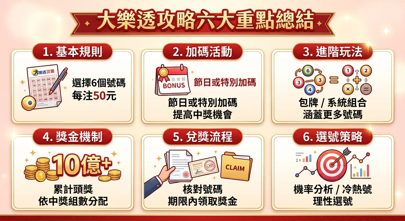 大樂透攻略六大重點總結圖，以六宮格排版呈現：基本規則（投注單圖示）、加碼活動（日曆圖示）、進階玩法（組合圖示）、獎金機制（金幣圖示）、兌獎流程（文件圖示）、選號策略（靶心圖示），每格用簡短文字標示核心要點，配色統一使用紅金色系。