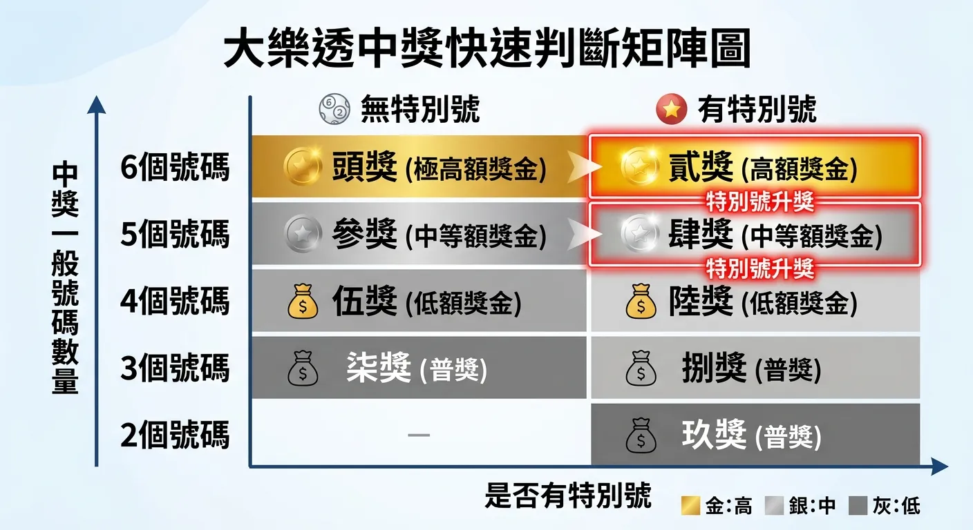 大樂透中獎快速判斷矩陣圖，縱軸為中獎一般號碼數量（2-6個），橫軸為是否有特別號（有/無），交叉處顯示獎項名稱和金額，用顏色深淺區分獎金大小：金色為高額獎項、銀色為中等、灰色為低額，紅框標示「特別號升獎」的關鍵位置。