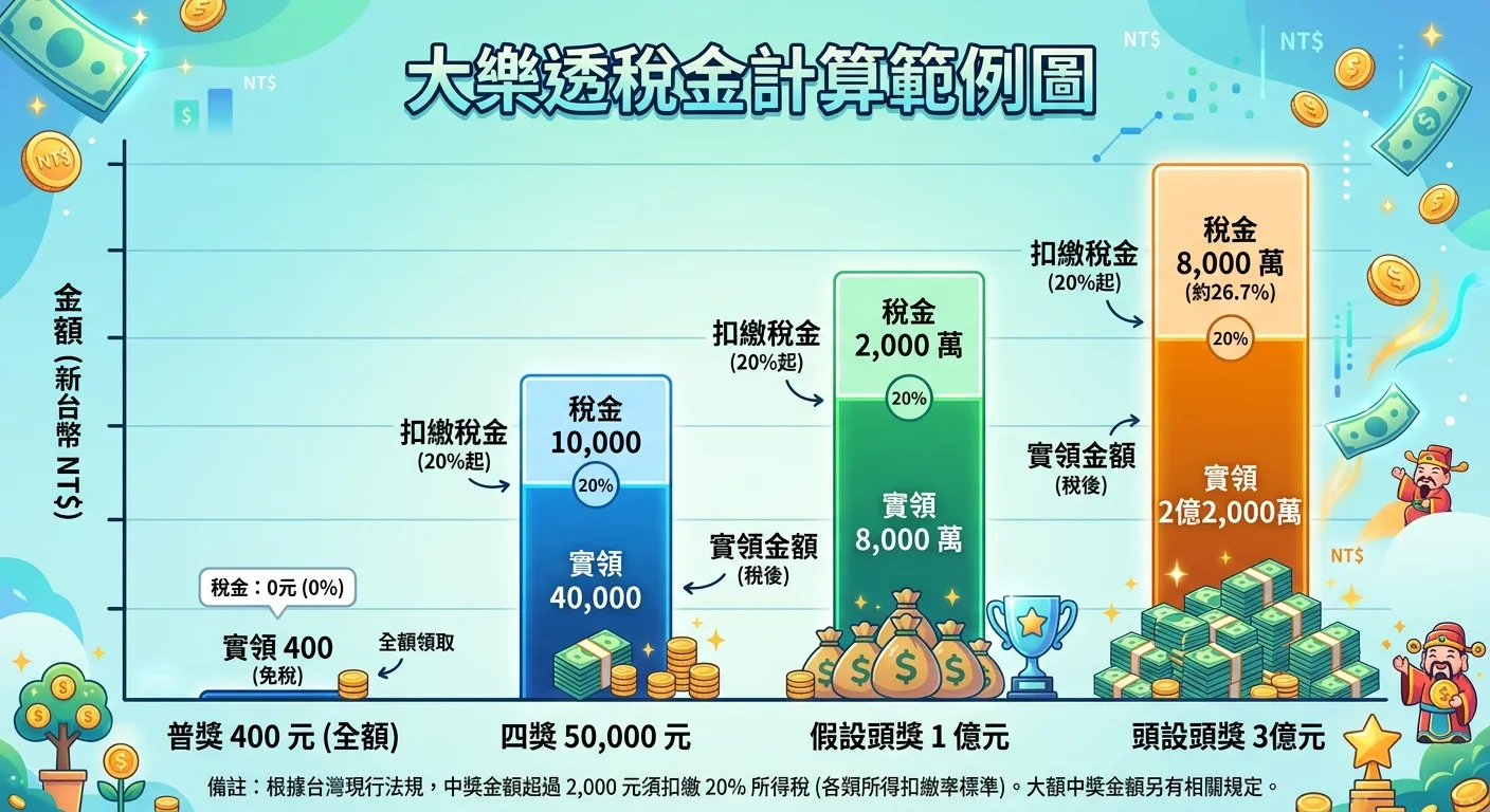 大樂透稅金計算範例圖，以長條圖呈現四種中獎金額的稅前稅後對比：普獎 400 元（全額）、四獎 50,000 元（實領 40,000）、假設頭獎 1 億（實領 8,000 萬）、假設頭獎 3 億（實領 2.2 億），每個長條分為深色（實領）和淺色（稅金）兩段。