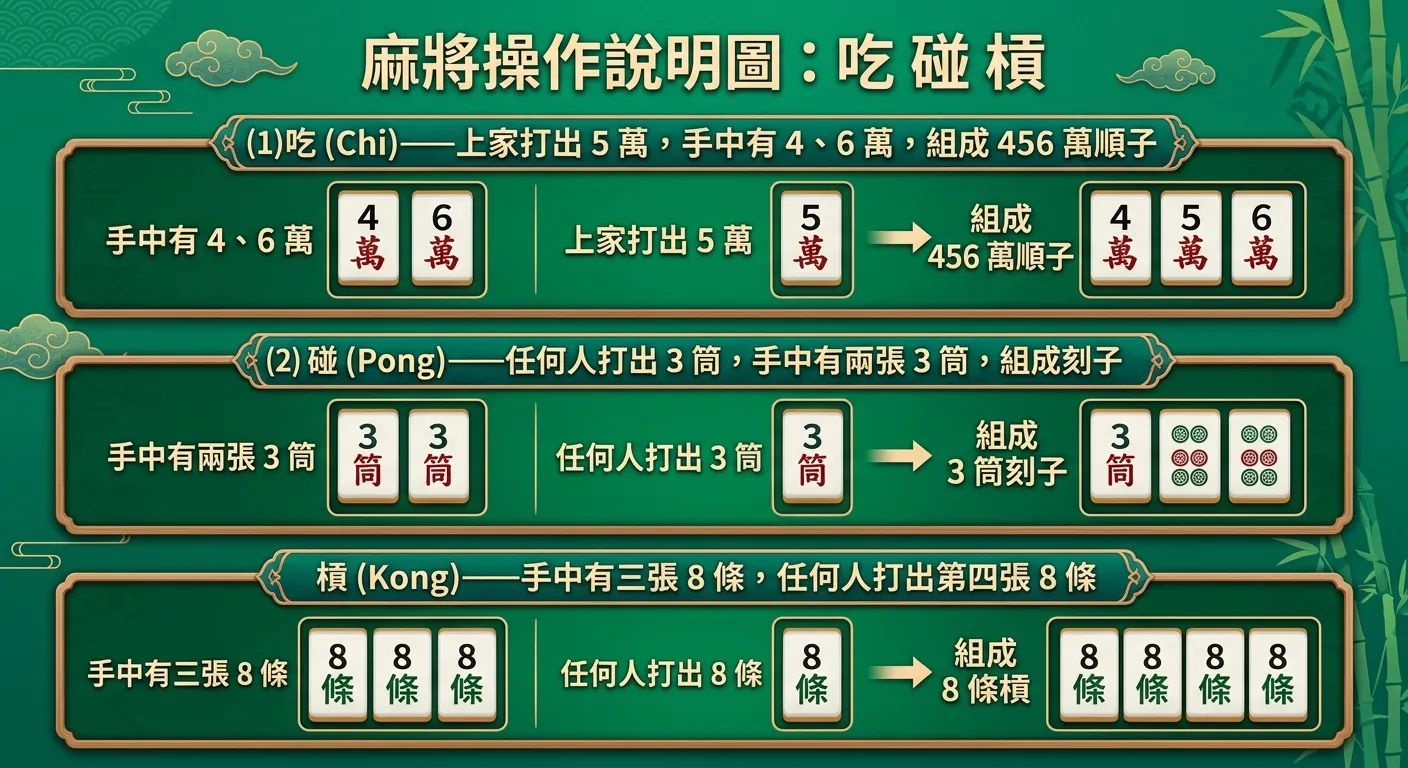 吃碰槓操作說明圖，以三個並排的示意區塊呈現：(1) 吃——上家打出 5 萬，手中有 4、6 萬，組成 456 萬順子 (2) 碰——任何人打出 3 筒，手中有兩張 3 筒，組成刻子 (3) 槓——手中有三張 8 條，有人打出第四張 8 條，翠綠色背景。