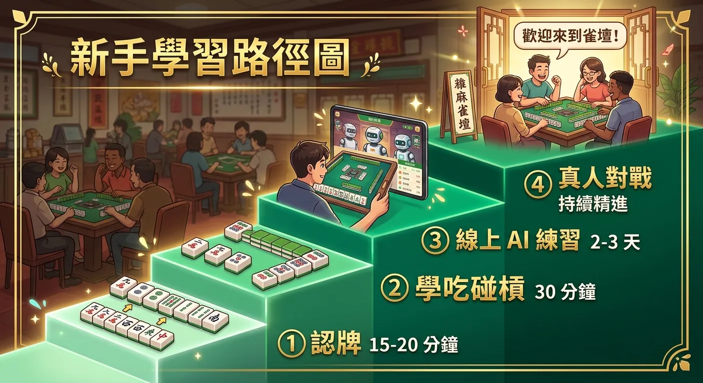 新手學習路徑圖，以四個階梯步驟由下往上呈現：(1) 認牌——15-20 分鐘 (2) 學吃碰槓——30 分鐘 (3) 線上 AI 練習——2-3 天 (4) 真人對戰——持續精進，每個階梯用漸深的翠綠色標示，金色文字。