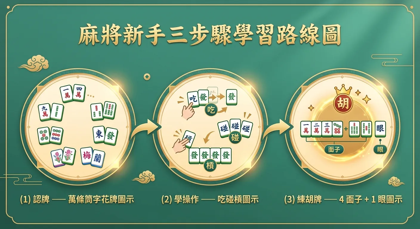麻將新手三步驟學習路線圖，由左至右三個圓形步驟：(1) 認牌——萬條筒字花牌圖示 (2) 學操作——吃碰槓圖示 (3) 練胡牌——4 面子 + 1 眼圖示，步驟間以箭頭連接，翠綠色背景搭配金色文字