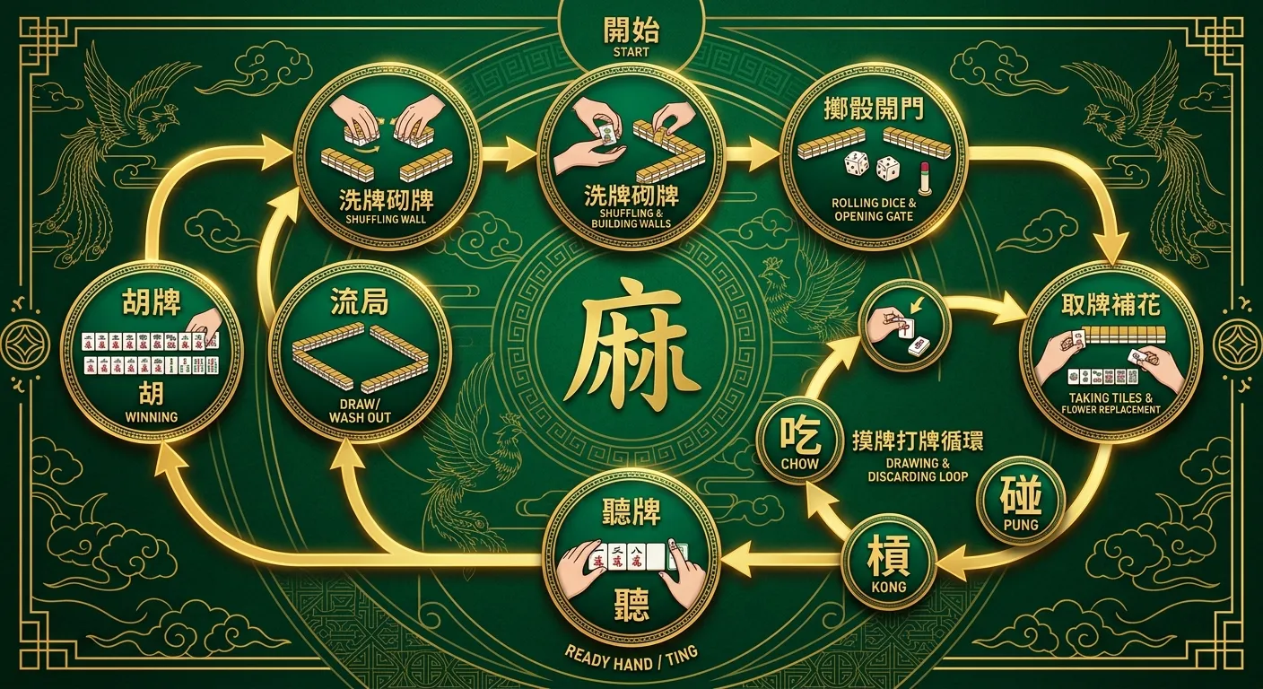 麻將一局遊戲流程圖，以環形流程呈現：洗牌砌牌 → 擲骰開門 → 取牌補花 → 摸牌打牌循環（吃碰槓分支）→ 聽牌 → 胡牌或流局，每個步驟用圓形圖示搭配箭頭連接，金色線條翠綠色背景。
