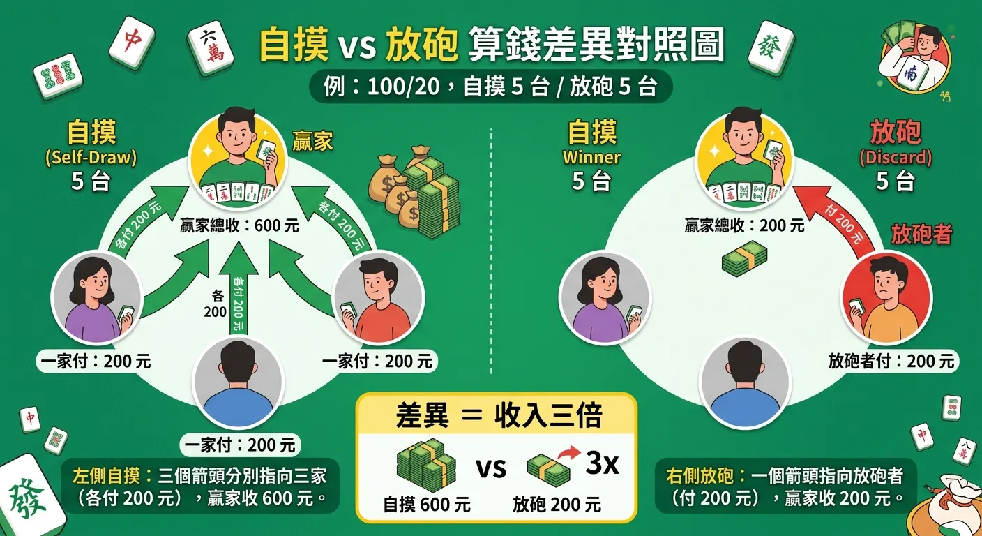 自摸 vs 放砲算錢差異對照圖，以 100/20 自摸 5 台和放砲 5 台為例。左側自摸：三個箭頭分別指向三家（各付 200 元），贏家收 600 元。右側放砲：一個箭頭指向放砲者（付 200 元），贏家收 200 元。差異 = 收入三倍。翠綠色背景。