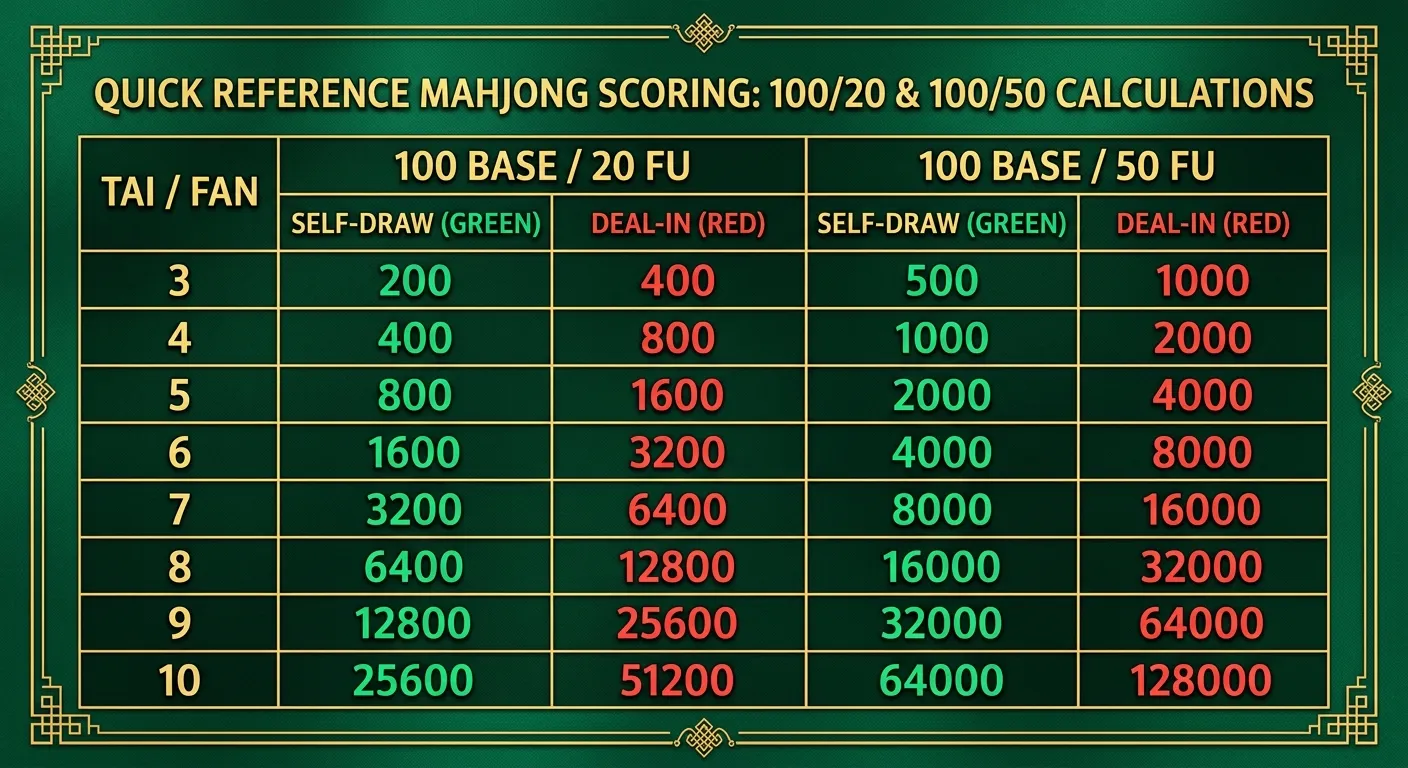 常見計算方式快速參照表，以精簡的表格呈現 100/20 和 100/50 兩種常見算法從 3 台到 10 台的自摸和放砲金額，用不同顏色區分（自摸綠色、放砲紅色），清晰易讀，翠綠色背景金色邊框。