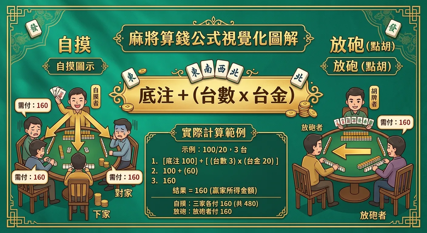 麻將算錢公式視覺化圖解，中央為公式「底注 + (台數 x 台金)」，左側為自摸圖示（三個箭頭分別指向三家，各標示金額），右側為放砲圖示（一個箭頭指向放砲者，標示金額），下方附 100/20、3 台的實際計算範例，翠綠色背景金色文字