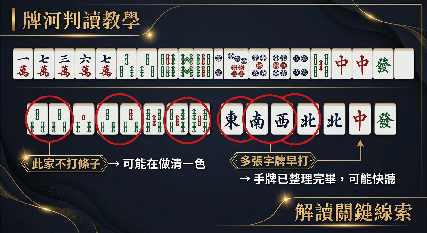 牌河判讀教學圖，上方展示一排已打出的牌（包含萬、條、筒混合），下方以紅色圈標出關鍵線索牌，旁附分析說明文字：「此家不打條子 → 可能在做清一色」「多張字牌早打 → 手牌已整理完畢，可能快聽」，深色背景金色標註