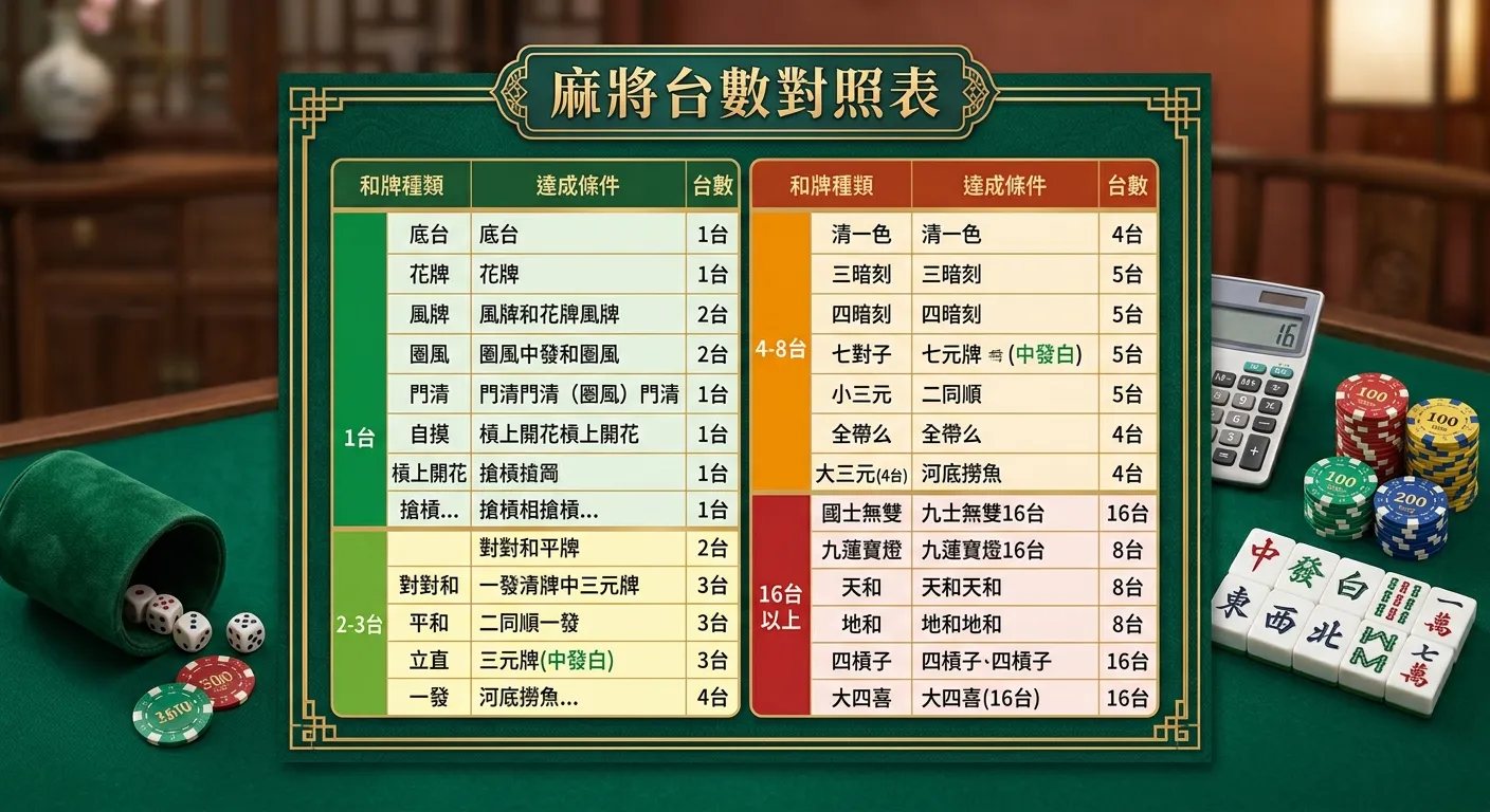 2026 麻將台數完整對照表：一台到滿貫的台型整理與計算教學