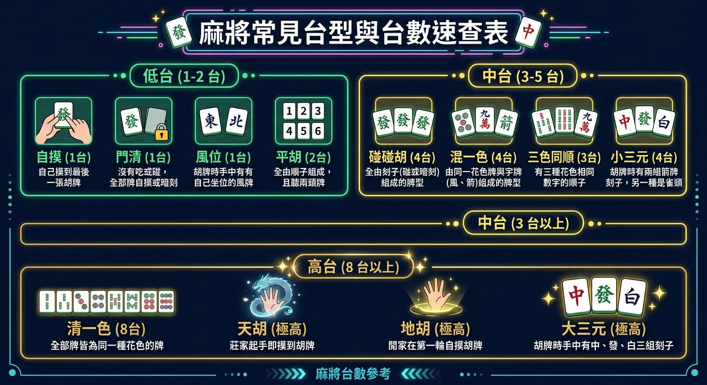 麻將常見台型與台數速查表資訊圖，以三個區塊分類：低台（1-2 台，綠色）列出自摸、門清、風位等；中台（3-5 台，黃色）列出碰碰胡、混一色等；高台（8 台以上，金色）列出清一色、天胡等。每個台型旁附簡短說明，深色背景