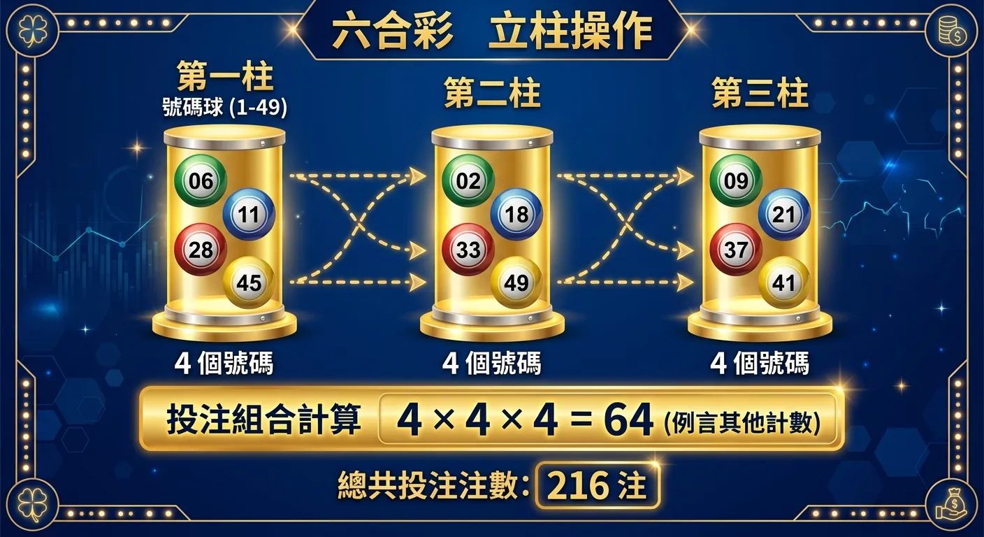 六合彩立柱投注操作圖解，三個直立的圓柱體分別標示「第一柱」「第二柱」「第三柱」，每個圓柱內放置 4 個號碼球，圓柱之間有虛線箭頭表示組合過程，底部顯示「216 注」的計算結果。配色使用金色圓柱、深藍背景