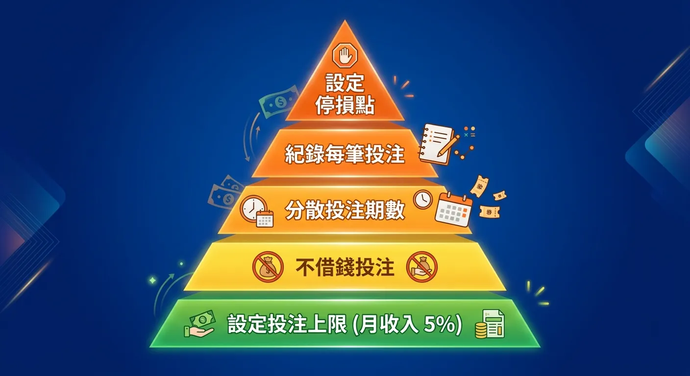 六合彩資金管理金字塔圖，由下至上分為五層：「設定投注上限（月收入 5%）」→「不借錢投注」→「分散投注期數」→「紀錄每筆投注」→「設定停損點」，每層用不同顏色區分（綠→黃→橙），最底層最寬代表最基本。配色使用深藍背景