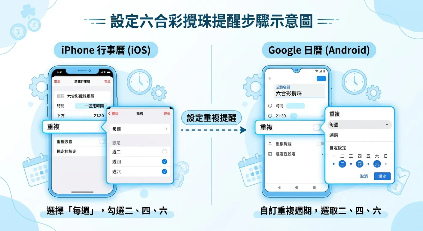 手機行事曆設定六合彩攪珠提醒的步驟示意圖，左側為iPhone行事曆畫面，右側為Google日曆畫面，兩邊都顯示每週二四六的重複事件設定，中間用虛線箭頭標示「設定重複提醒」步驟，配色使用淺藍與白色系
