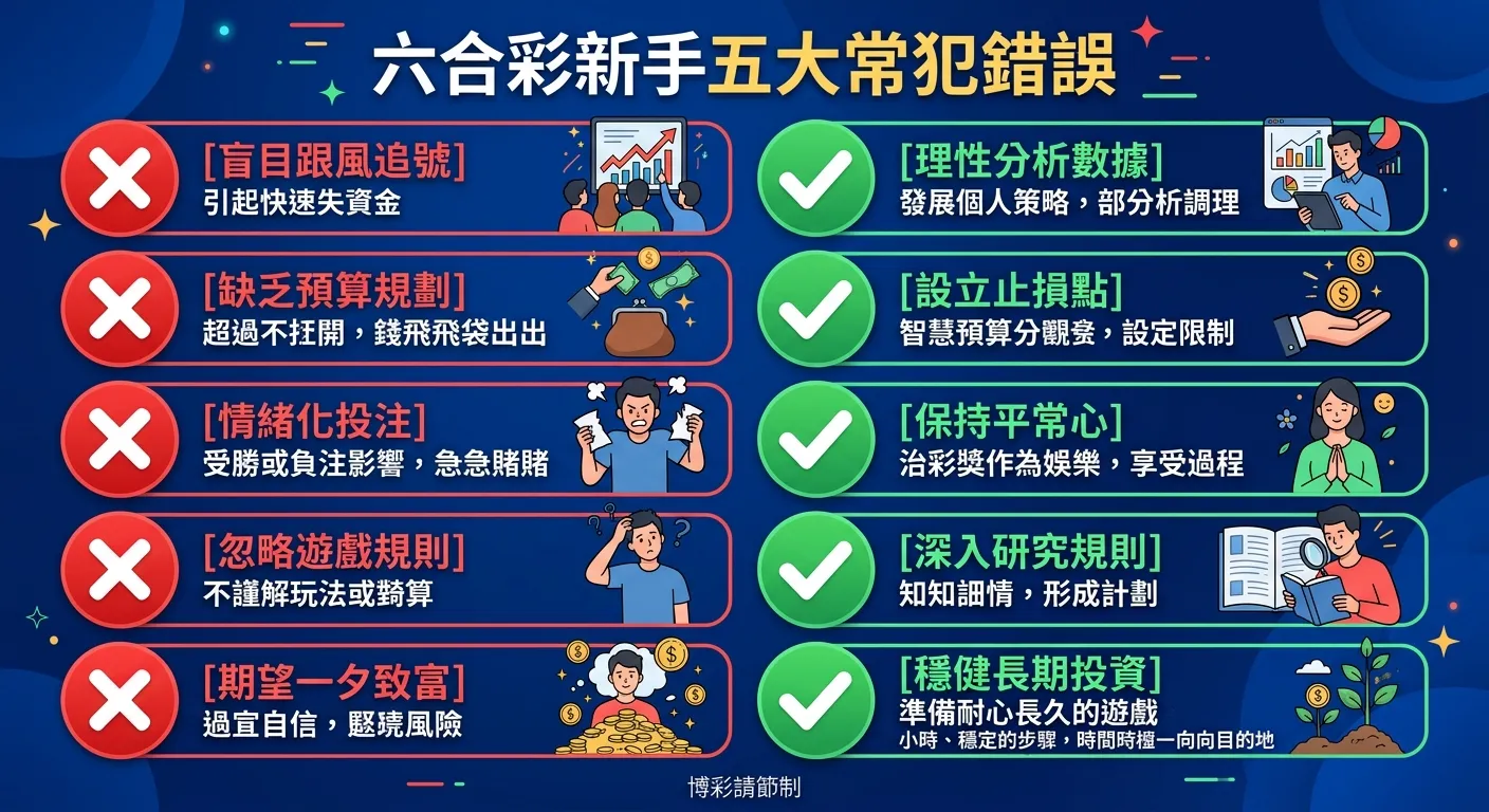 六合彩新手五大常犯錯誤資訊圖，五個錯誤以紅色叉號標示，每個錯誤旁附正確做法（綠色勾號），排列整齊，配色使用紅綠對比搭配深藍背景