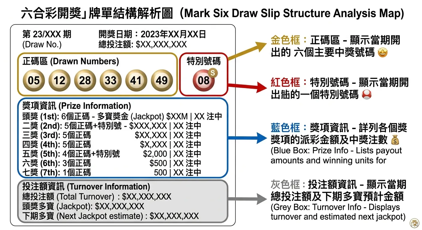 六合彩開獎牌單結構解析圖，模擬一份完整牌單的版面，用不同顏色框線標示各區塊：正碼區（金色框）、特別號區（紅色框）、獎項資訊區（藍色框）、投注額資訊區（灰色框），每個框旁邊附有箭頭和文字說明，配色使用白底搭配彩色標註